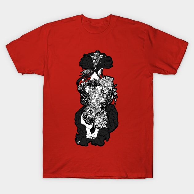 Koi fish tattoo on geisha girl back with kuki flowers T-Shirt by Paulina Gravagno